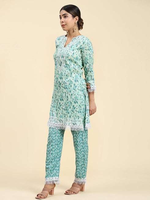 Samma Chikankari Co-ord set in Cotton for Women- Green